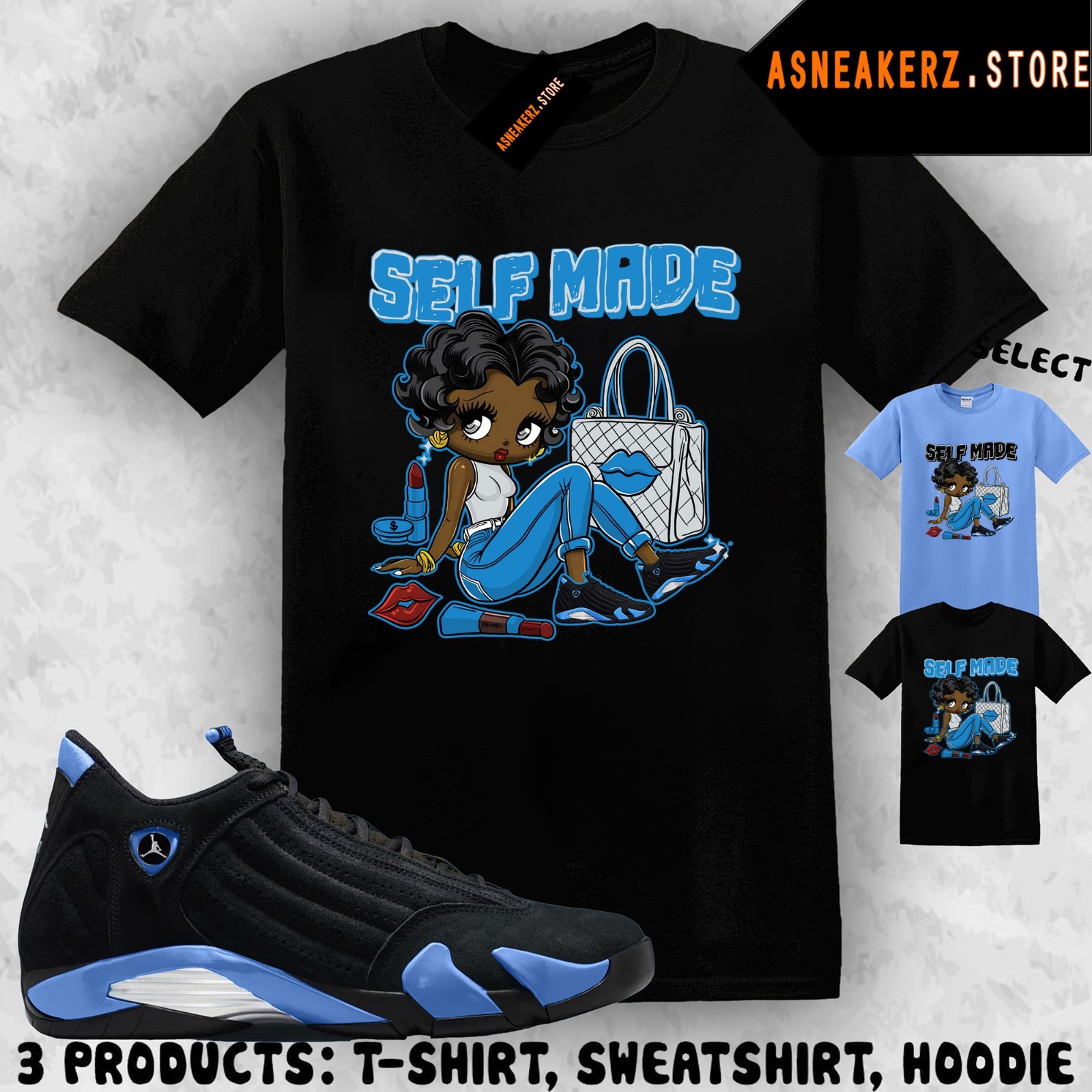 Shirt Match AJ 14 Black University Blue Sneaker Matching Selfmade Girl T-Shirt
