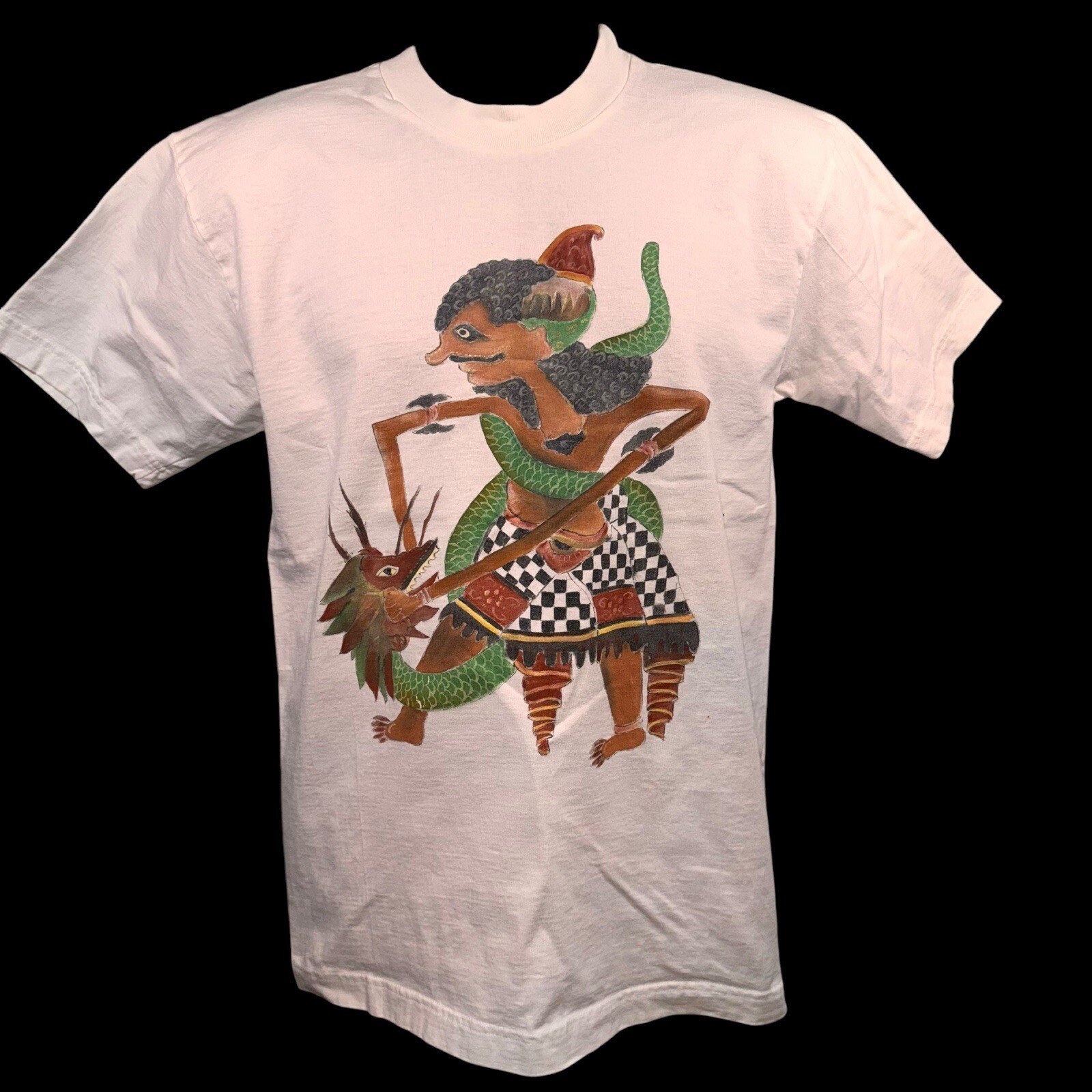 Vintage Hand Painted Bima Vs. Snake Javanese Mythology White T-Shirt Size Small gallery