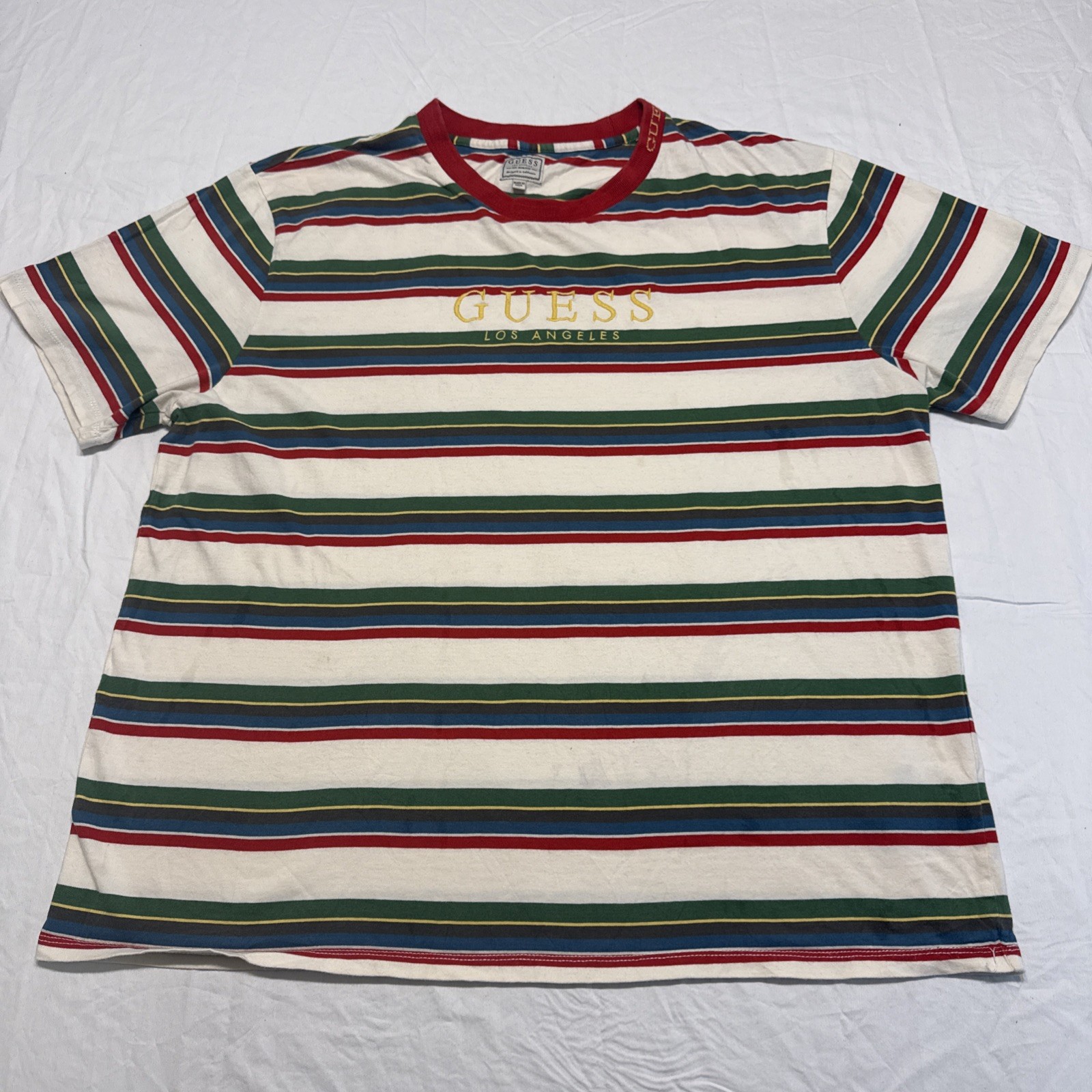 Guess Shirt Men XL Striped Colorful Embroidered Logo Y2K Los Angeles A$AP