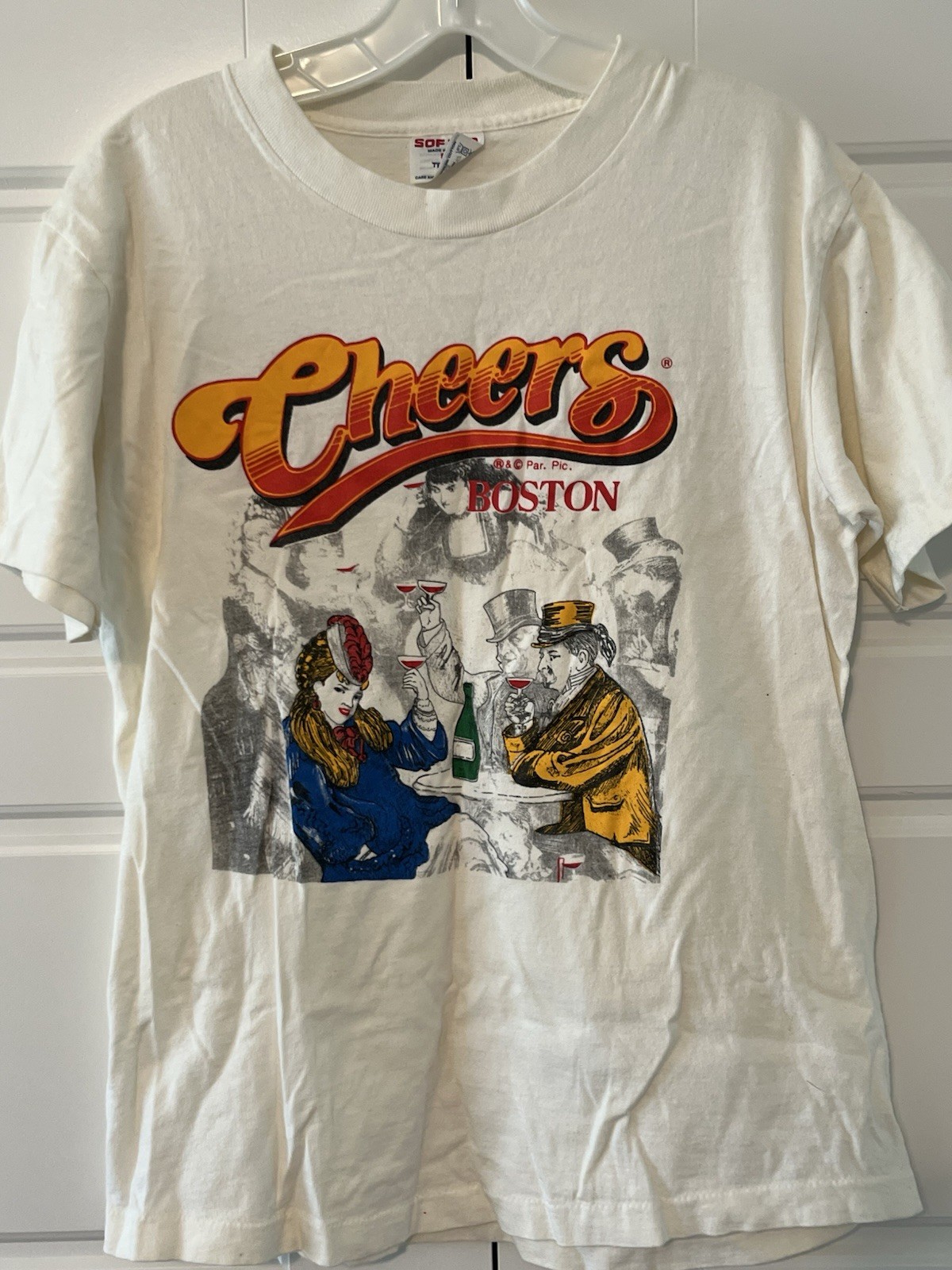 Vintage TeeJays Tee Shirt White Cheers Boston Graphic Print Cotton Made USA gallery