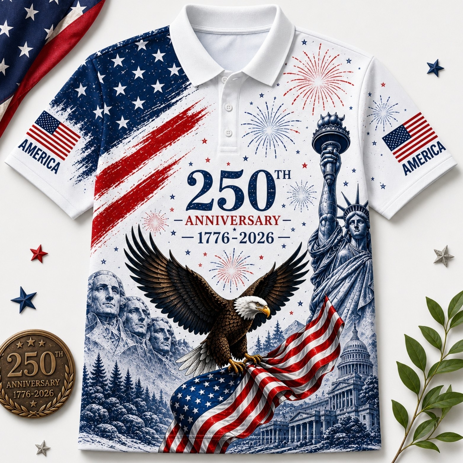 USA 250th Anniversary Golf Polo Shirt 1776-2026 American Flag Patriotic (S-5XL) gallery