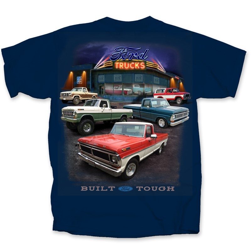 Ford Truck T-Shirt - Navy Blue "Built Ford Tough" Vintage Dealer Scene gallery