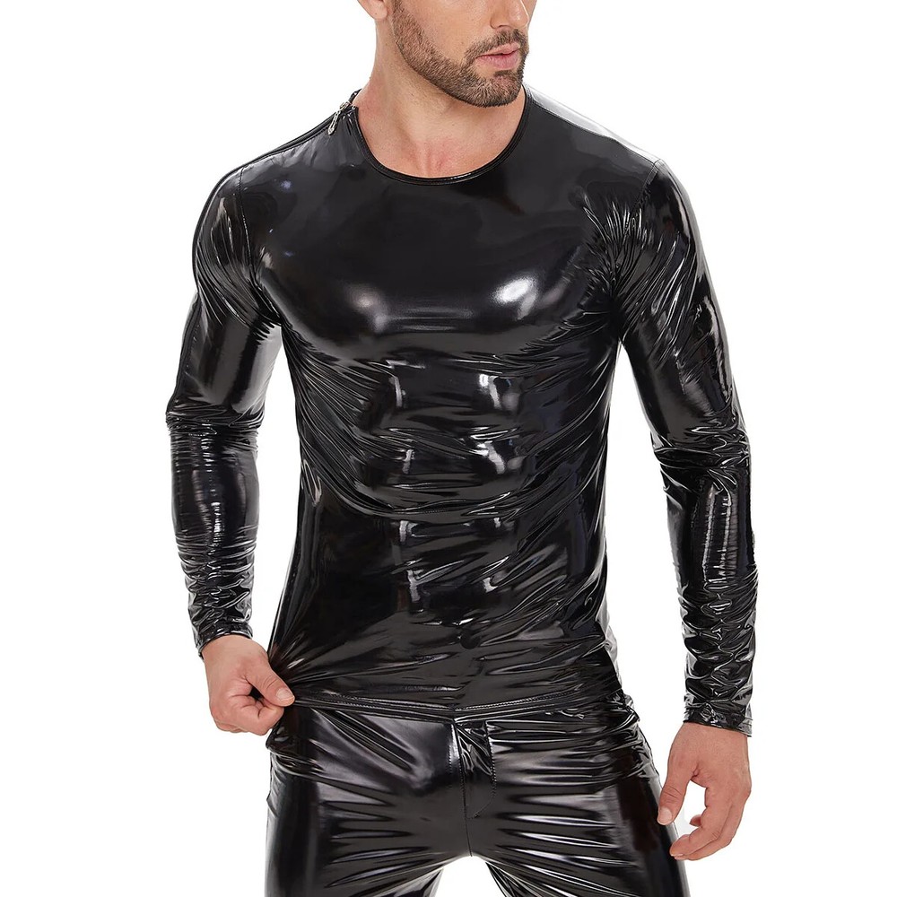 Men Plus Size Shiny Leather T-Shirts Side Zipper Long Sleeve Wetlook Pvc