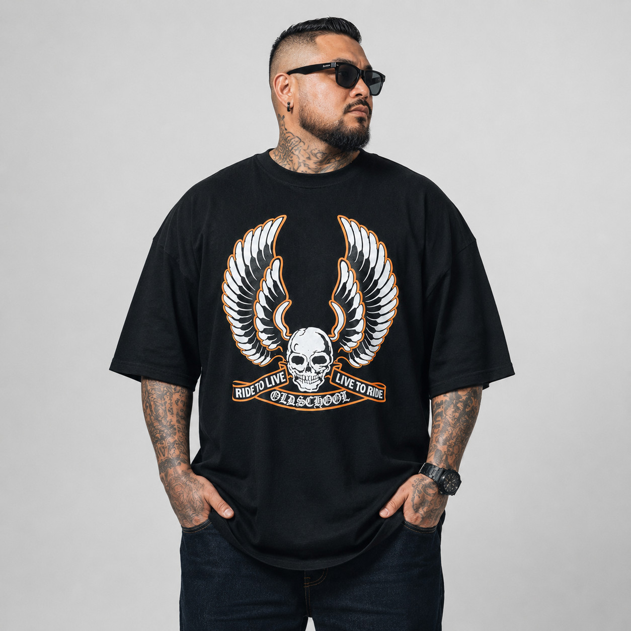 Ride To Live Biker T-Shirt Mens 2XL Black Gilden Crew Vintage Skull Wings gallery