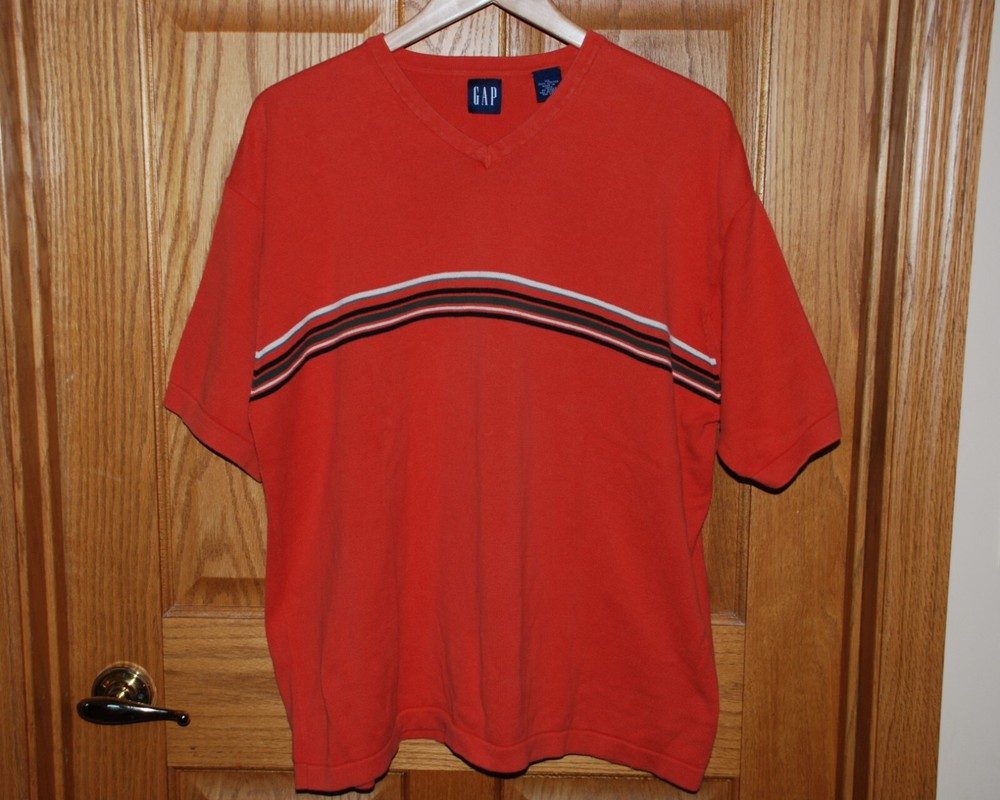 90’s GAP Men’s Short Sleeve V-Neck Striped Orange Shirt Size XL