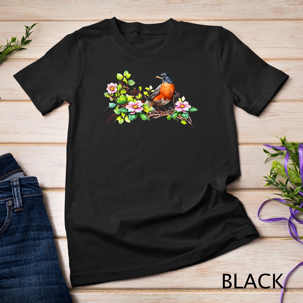 American Robin Backyard Birds Dogwood Flowers For Birders T-Shirt Unisex T-shirt