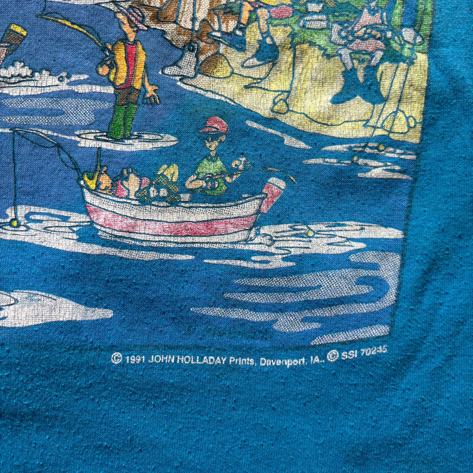 1991 The Fisherman Lake Cartoon Men's Blue T-Shirt Size L John Holladay 90s Vtg gallery