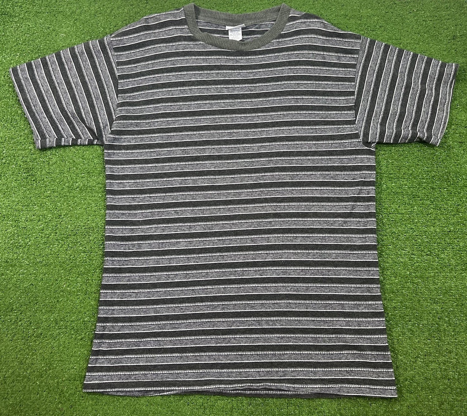 Vintage 80s Basic Edition Striped Shirt L 90s 100% Cotton Knit Tee Ribbed Collar gallery
