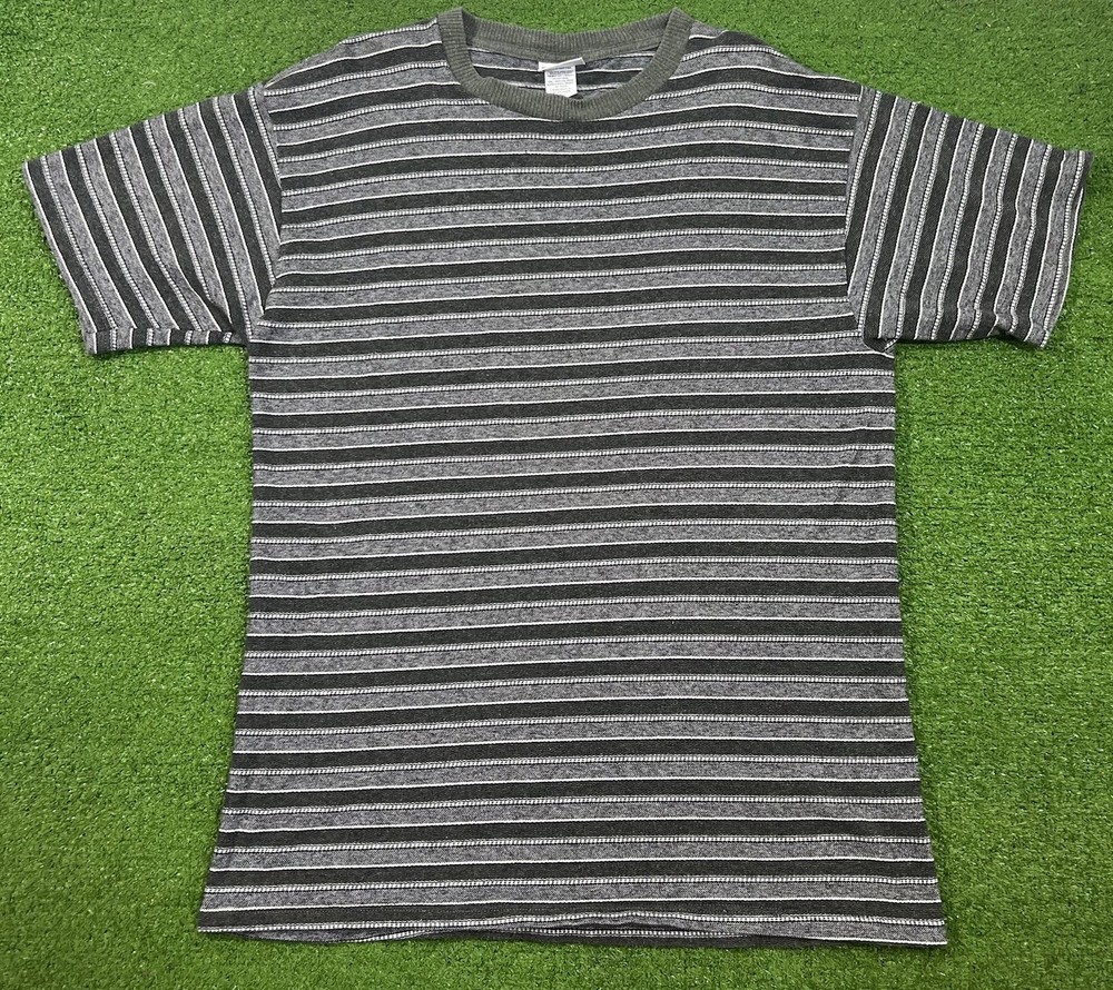 Vintage 80s Basic Edition Striped Shirt L 90s 100% Cotton Knit Tee Ribbed Collar