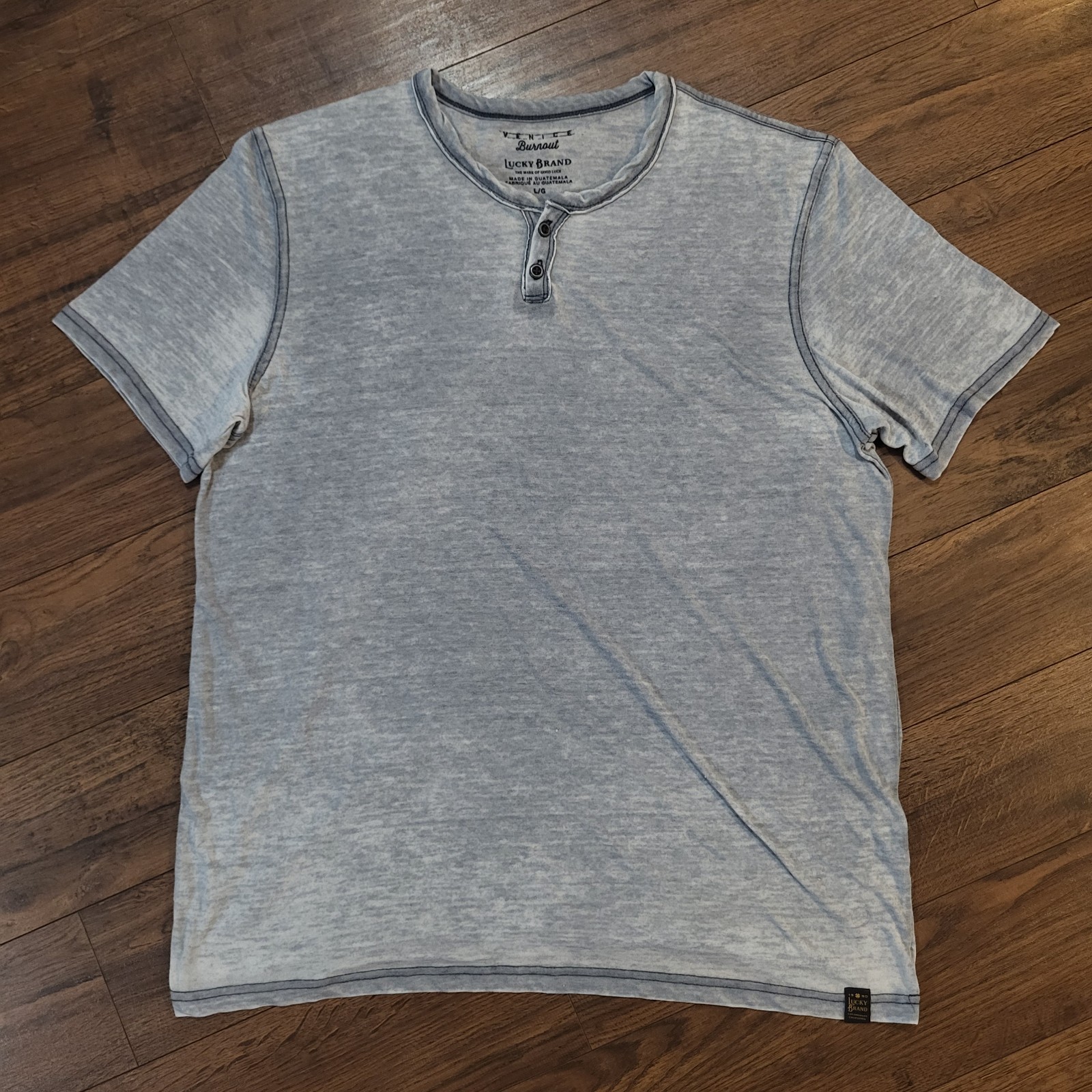 Lucky Brand Venice Burnout Henley T Shirt Mens L Blue Gray Short Sleeve Thin