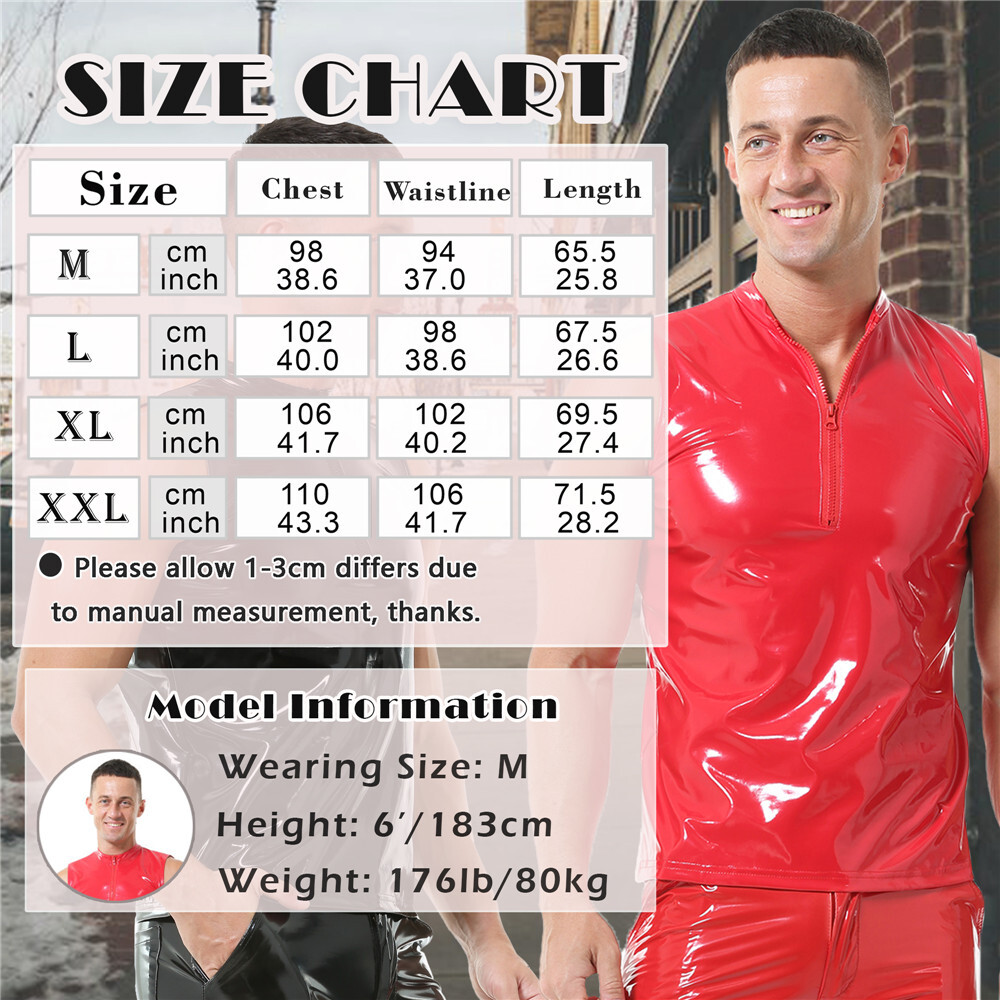 Men Shiny Wet Look Leather Tank Top Zipper Glossy PVC Leather Sleeveless T-Shirt gallery