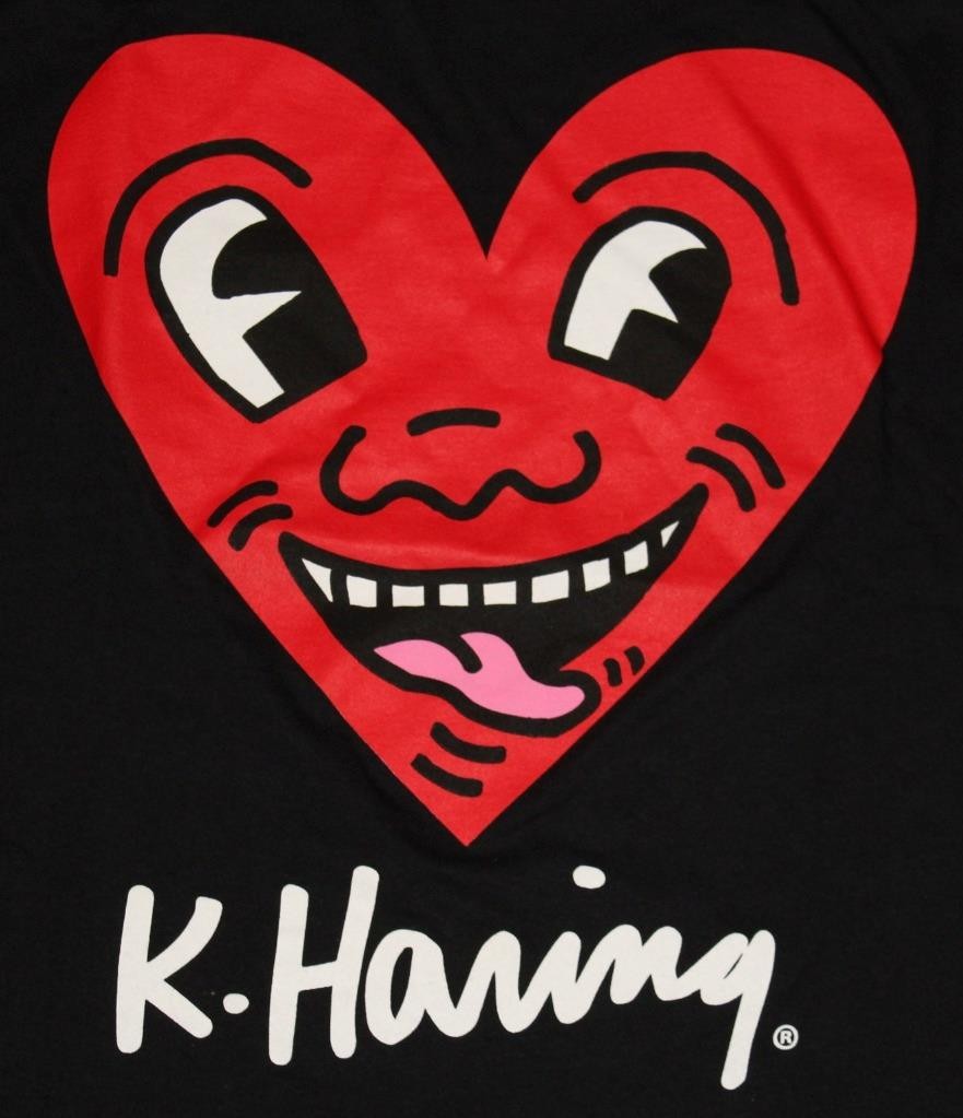 Mens KEITH K. HARING Graphic Tee Black T-Shirt Sz Large SMILEY HEART Pop Art *1M gallery