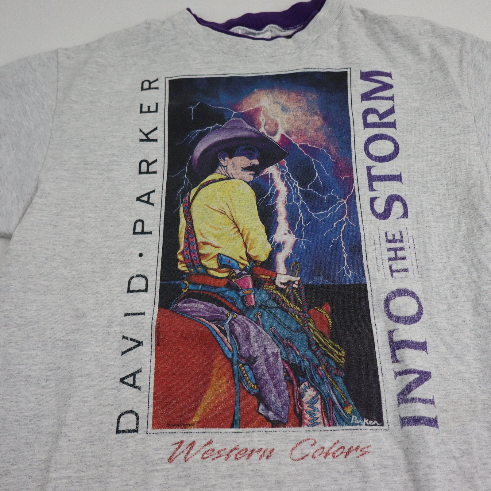Vintage 90s David Parker Into The Storm T Shirt Mens XL/L Western Art Ringer Tee gallery