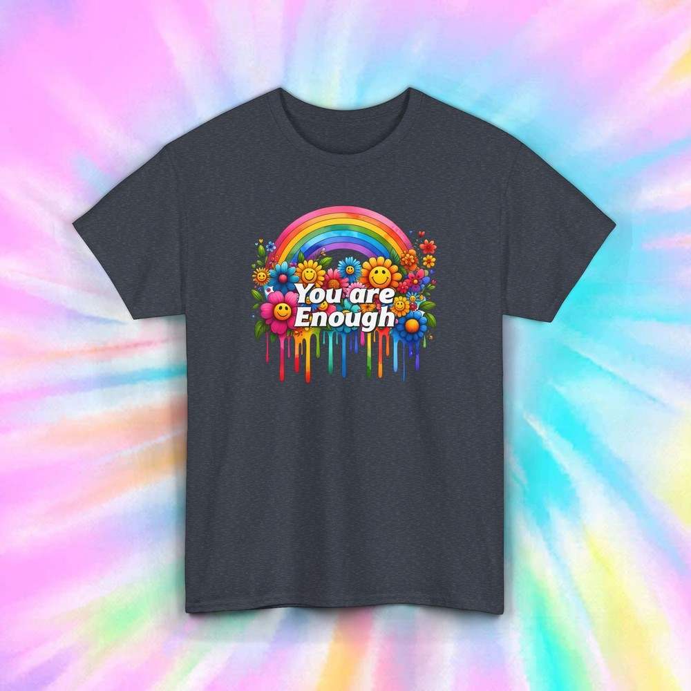 You Are Enough Rainbow Smiley Face Flowers Inspirational Positive Graphic Tee
