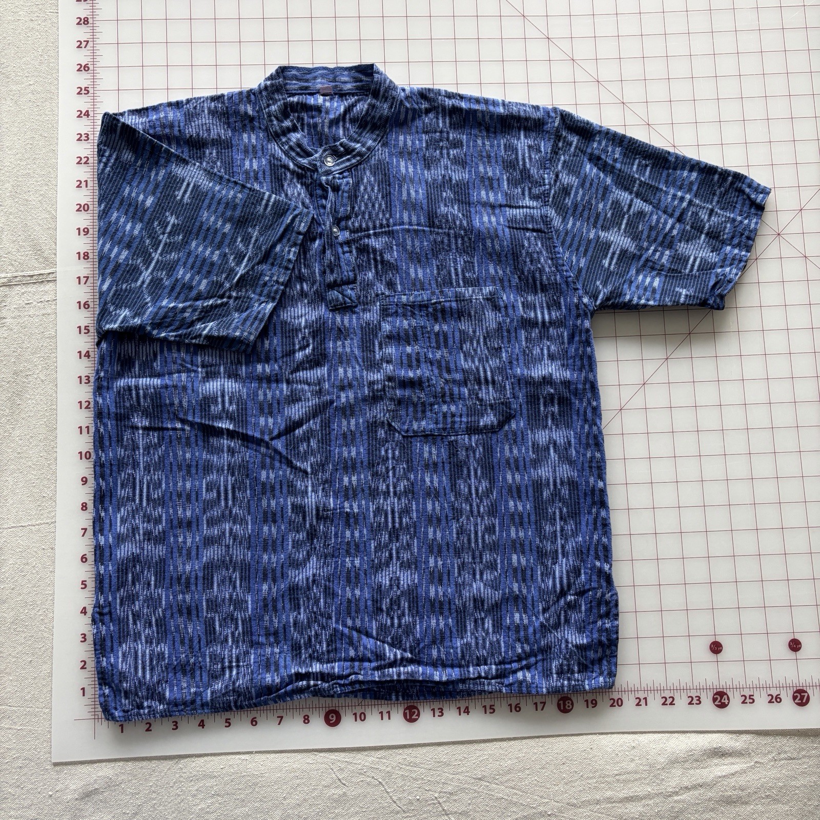 Guatemalan Ikat Collarless Henley Indigo Blue Shirt Men's Medium M Women's Large gallery