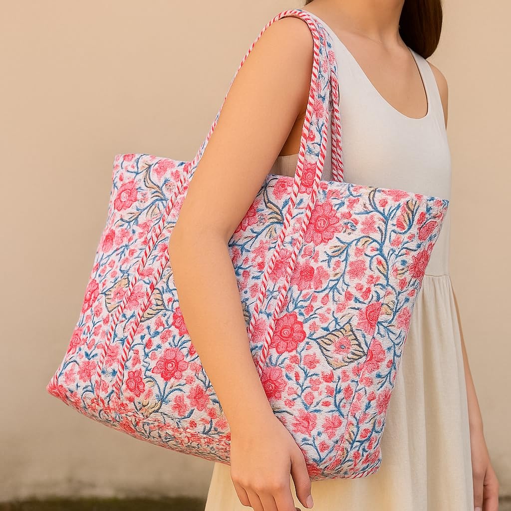 Large Floral Quilted Tote Bag for Women - Canvas Travel Shoulder Bag with Zipper gallery