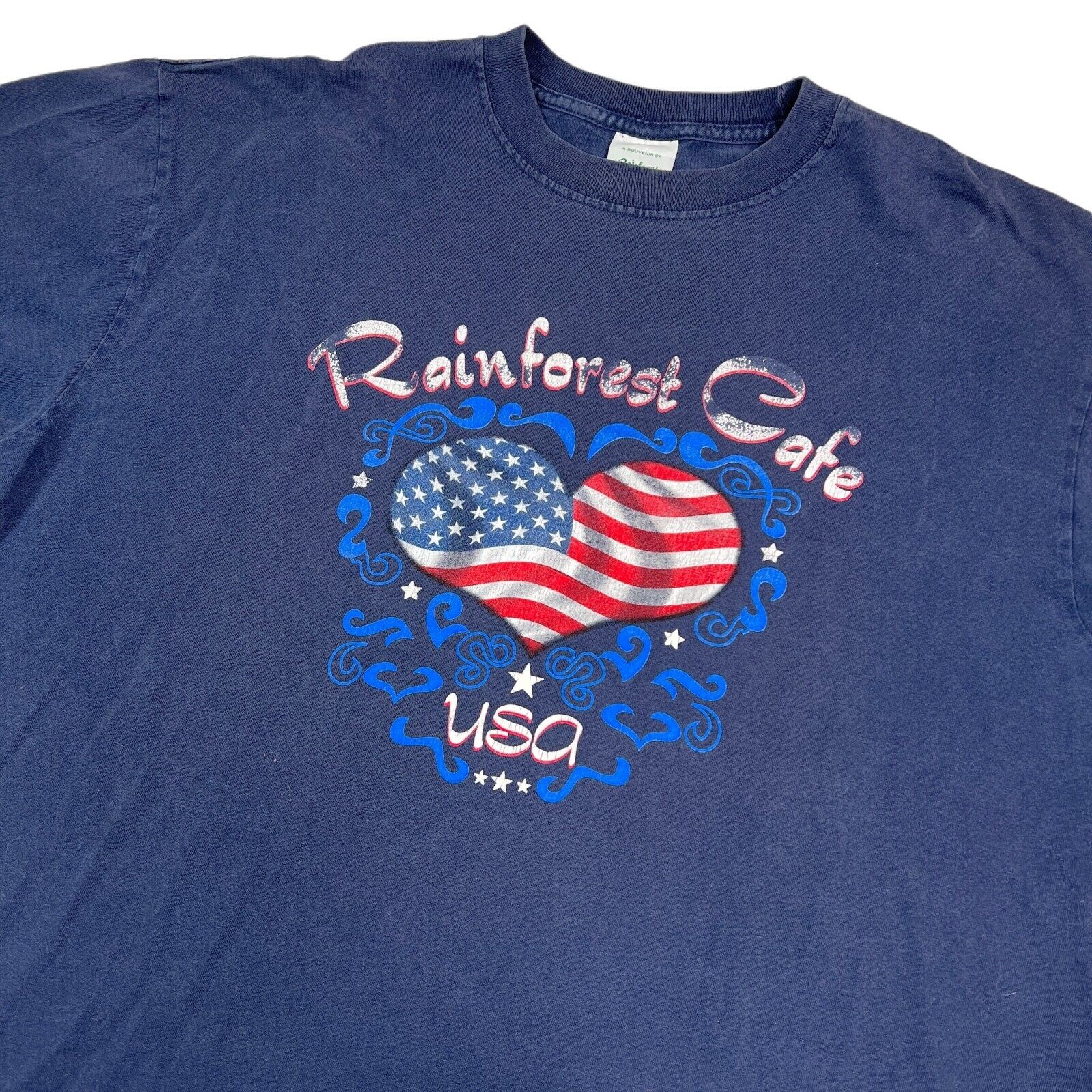 Vintage Y2K Rainforest Cafe USA Flag Heart Graphic Crew Neck T-Shirt Adult XL gallery