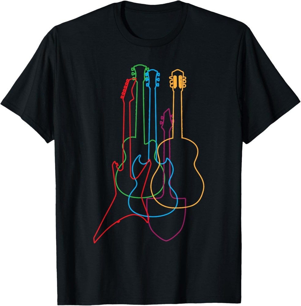 Colored Guitars T-Shirt Electric Acoustic Classical Artist Music Graphic Tee NEW