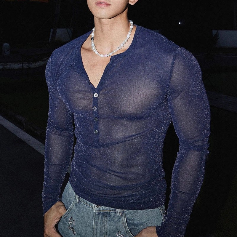 Mens Glitter Shirt Top See Through Lace T-Shirt Sheer Mesh Undershirts gallery