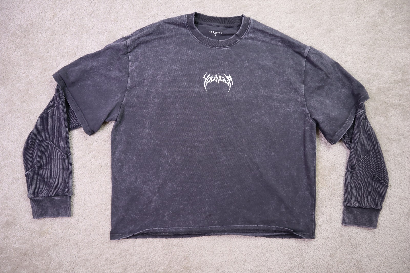 Youngla Shirt Mens Large Shadow Twofer Longsleeves Charcoal Wash Cotton gallery