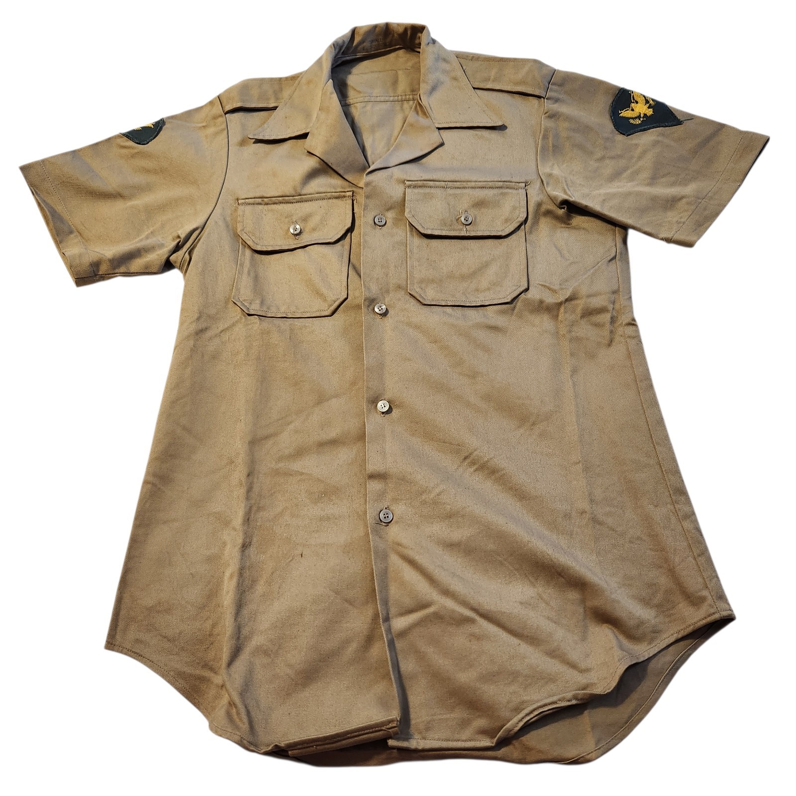 Vietnam Era U.S. ARMY Mens Khaki SS Shirt w/ Army Specialist E-4 Patches Size S