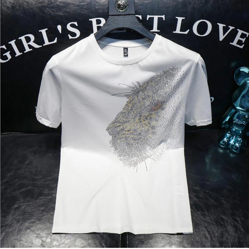 New Men Fashion Leopard Trend Hot Diamonds Rhinestones Summer Luxury T-Shirt gallery