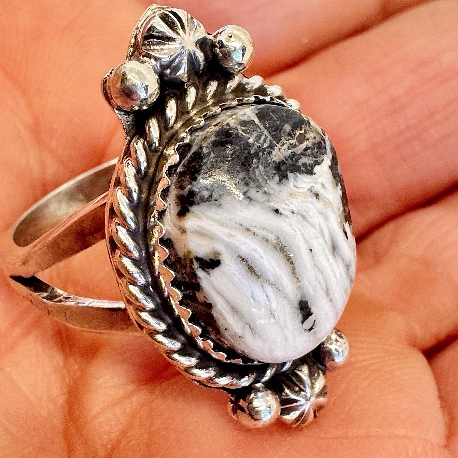 Navajo White Buffalo Turquoise Ring Size 8.5 Sterling Silver Signed R 7.g Native
