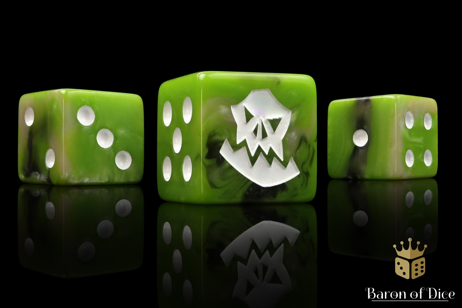 Orc Wargaming Dice - Resin D6s - Green with White Symbols