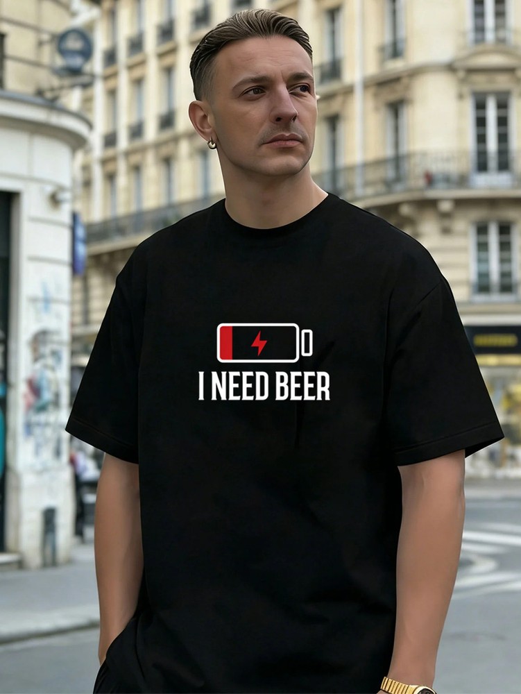 Low Battery Graphic 100% Cotton Men’s T-Shirt, Suitable for Daily Casual Wear