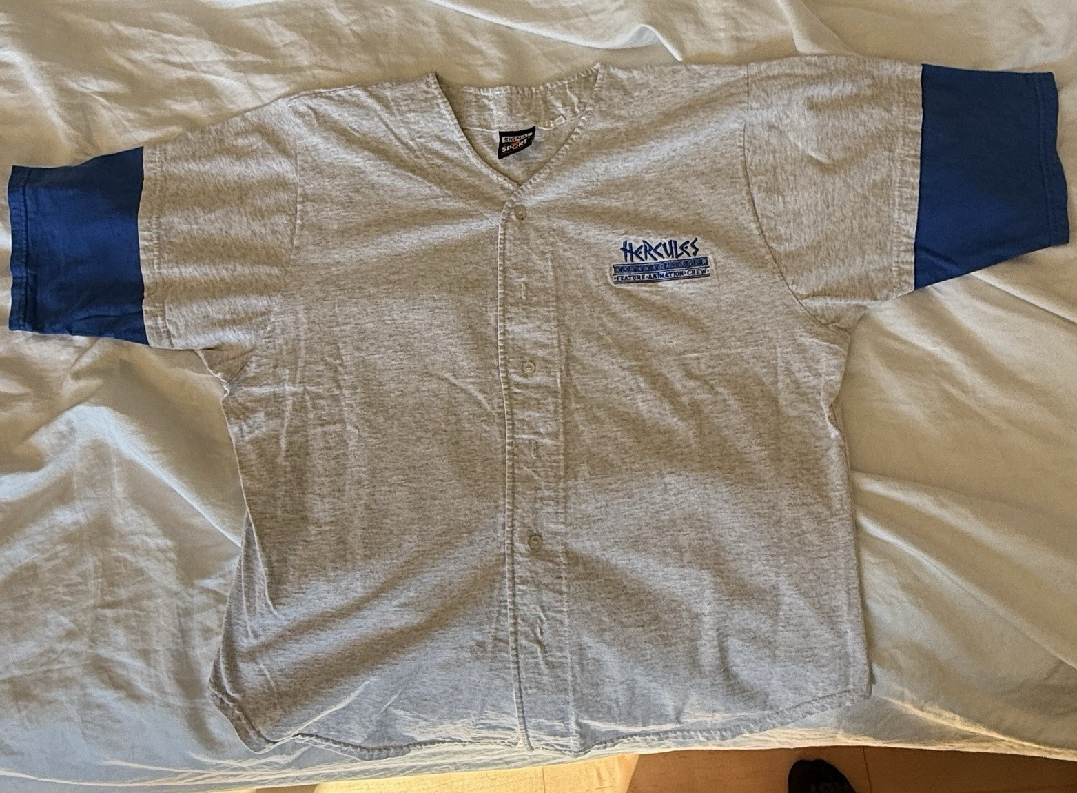 RARE Vintage 1997 Disney HERCULES Feature Animation Crew Baseball Jersey XL size gallery