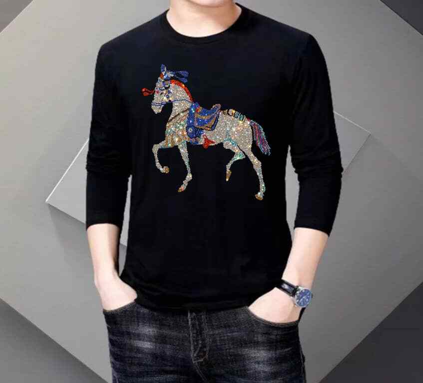 New Men Luxury Horse Rhinestones Fashion Black Long T-Shirt High Quality gallery