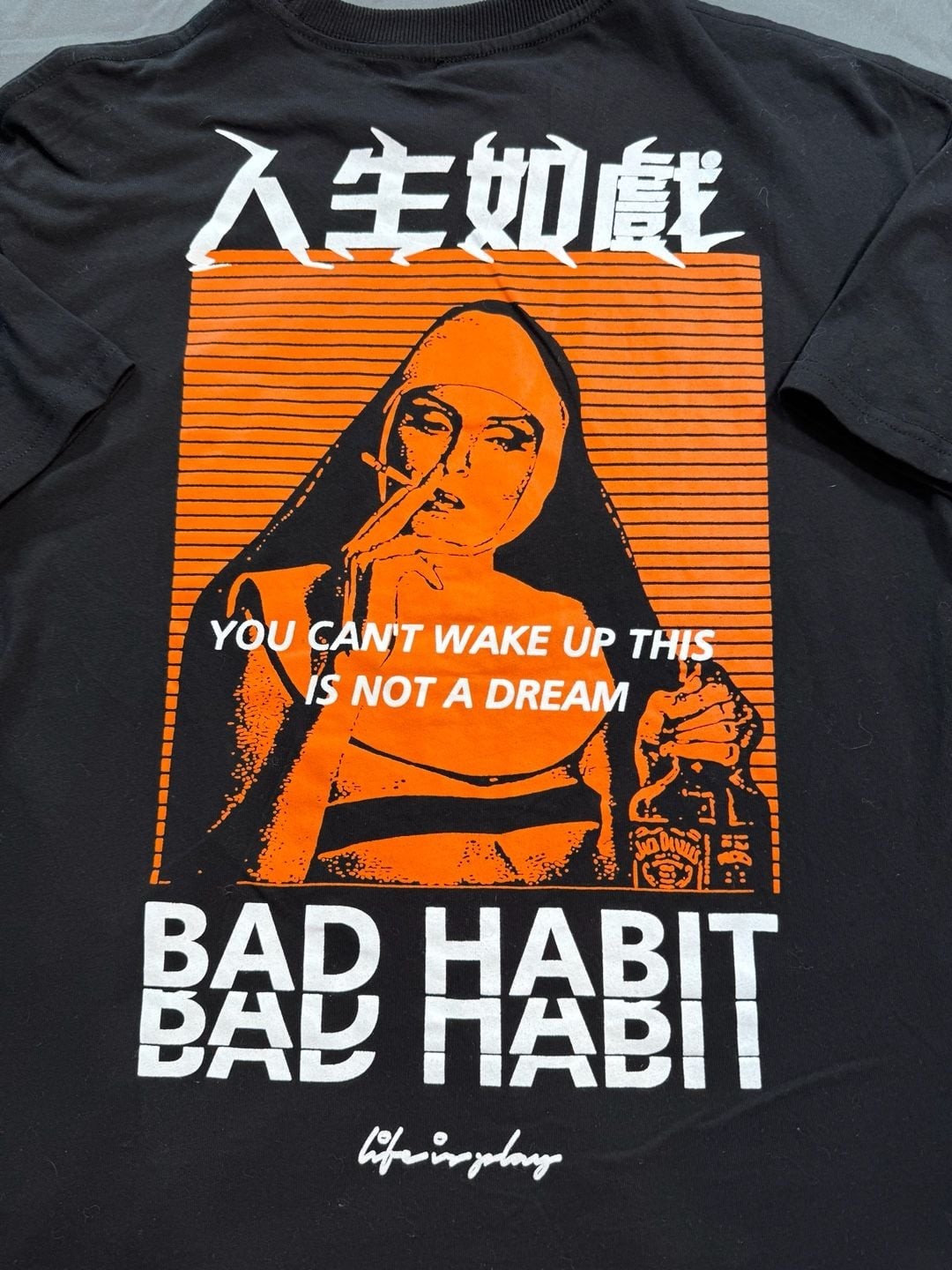 Life in Play 'Bad Habit' Smoking Nun Graphic T-Shirt Black Orange gallery
