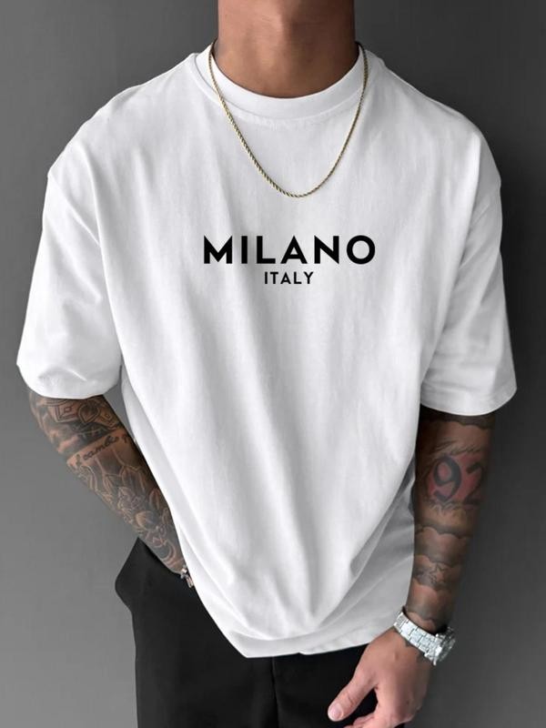 Men's Letter Print Round Neck Tee, Regular Fit Short Sleeve T-shirt gallery