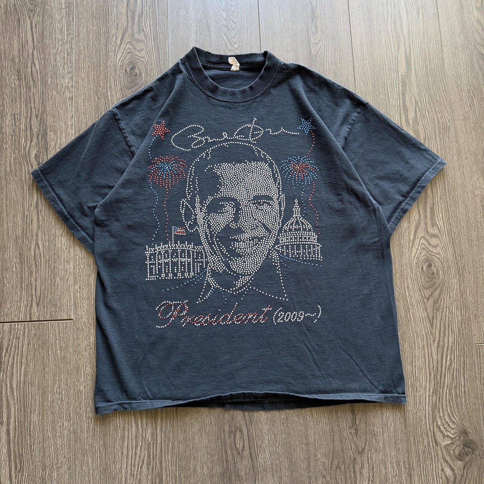2000s Y2K Barack Obama Rhinestone Shirt Mens XL Black President 2009 Graphic Tee gallery