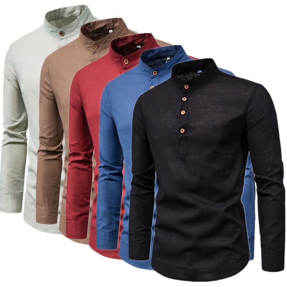 Mens Casual Cotton Shirt Long Sleeve Stand Collar Pullover Button Henley T-shirt gallery