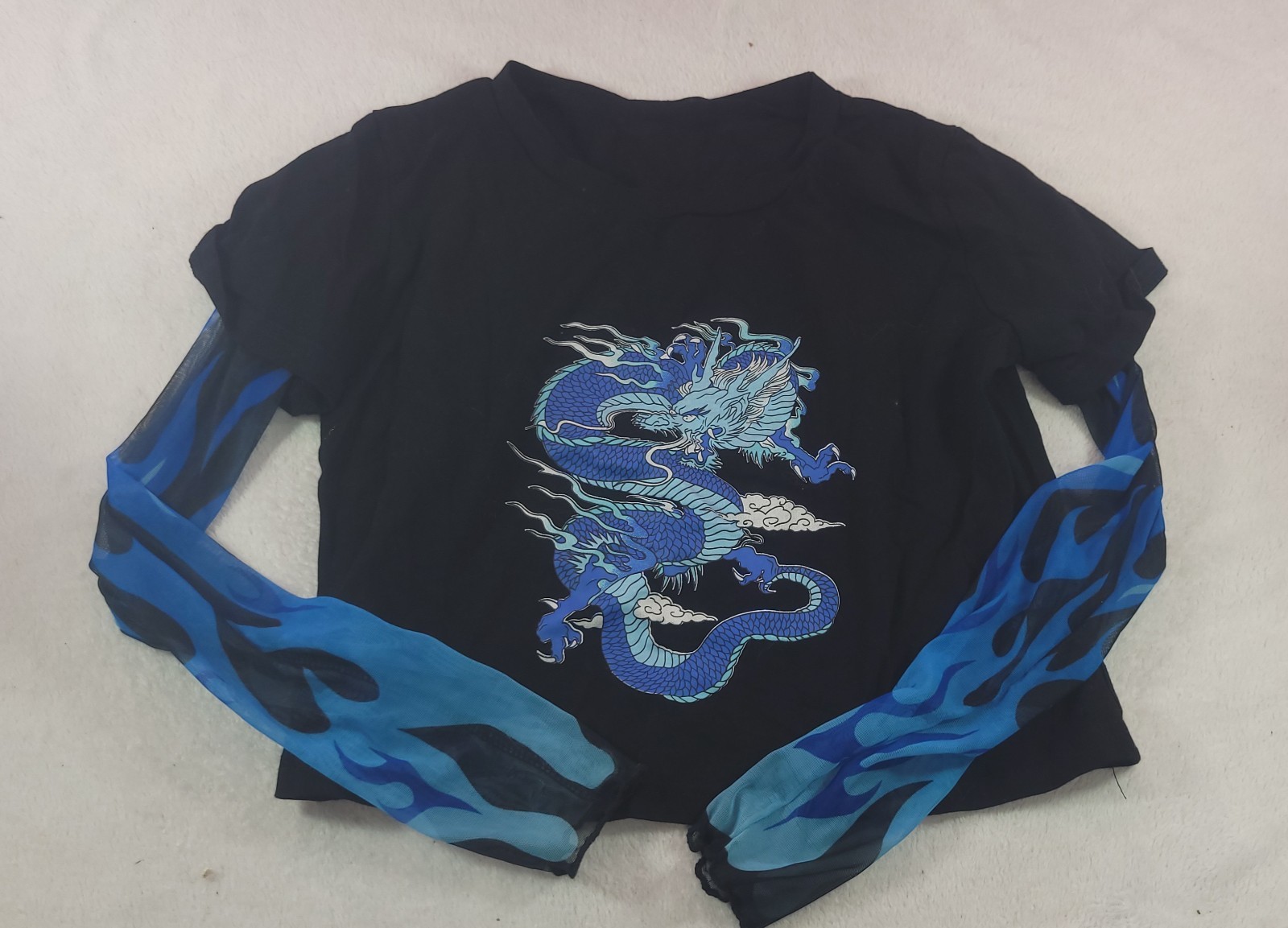 Dragon Print Mock Two Piece Mesh Panel Long Sleeve T-Shirt Blue Flame Y2K Sz S gallery
