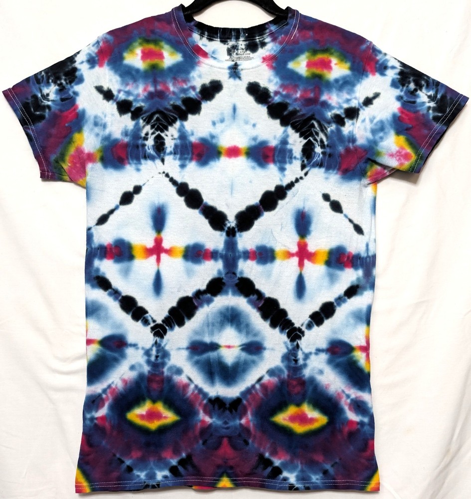 Handmade Tie Dye Blue Yellow Red Black Diamond Pattern Small Shirt 17″ W X 27″ L
