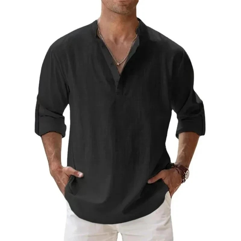 Men's Cotton Linen Henley Long Sleeve Shirt Casual Beach T-shirt Tee Summer Gift gallery