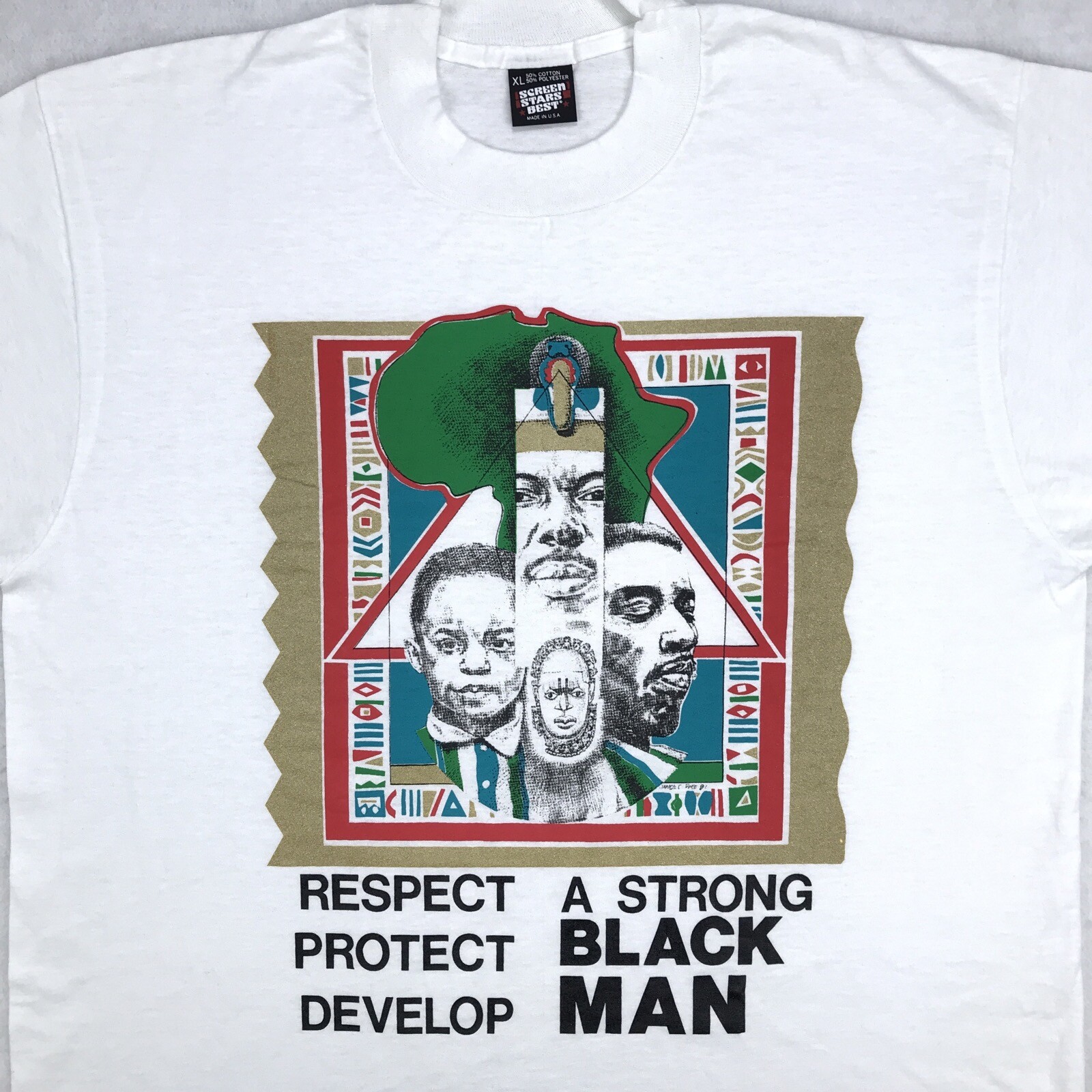 vtg 80s STRONG BLACK MAN RESPECT PROTECT T-Shirt L/XL single stitch hip hop gallery