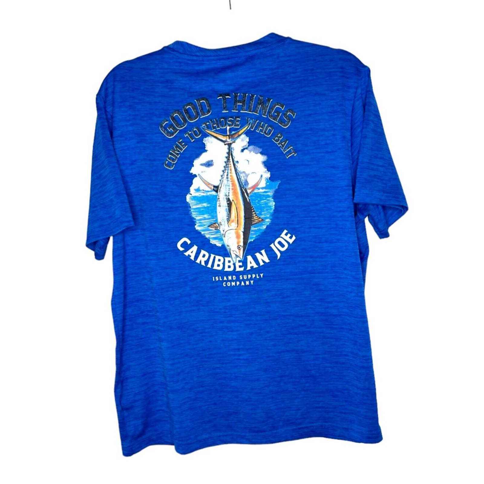 Caribbean Joe Blue Graphic Fish Men’s Sz M Short Sleeve Poly Excellent Condition