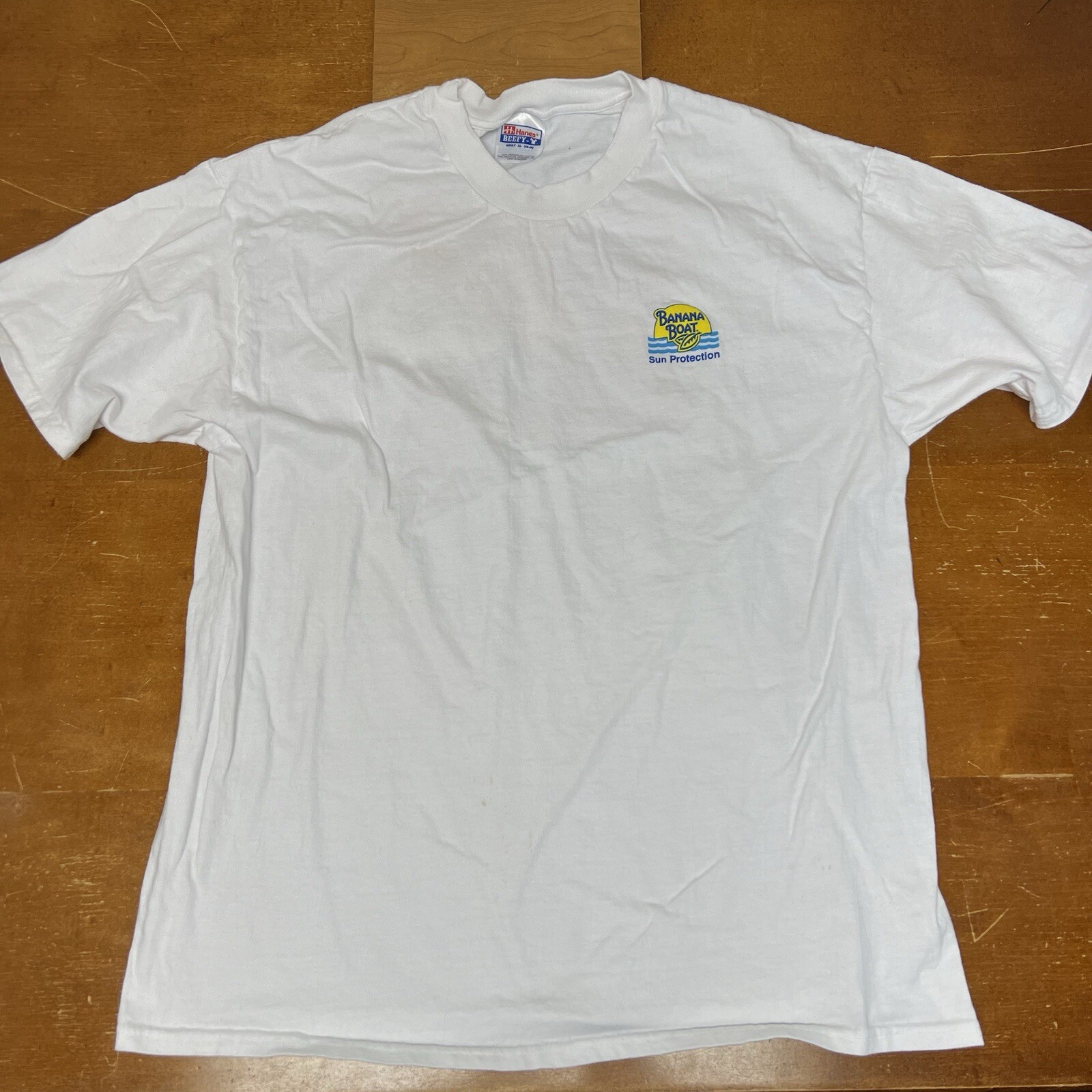 Vintage Hanes Shirt Mens Extra Large White Short Sleeve Banana Boat Sun Screen