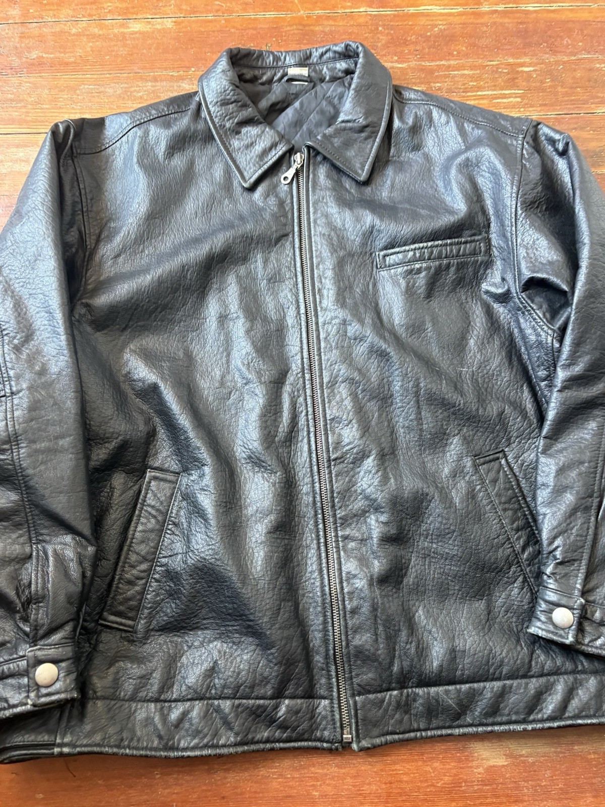 Vintage 80s Leather Jacket Mens Black Genuine Size XL YBS Zipper Rare gallery