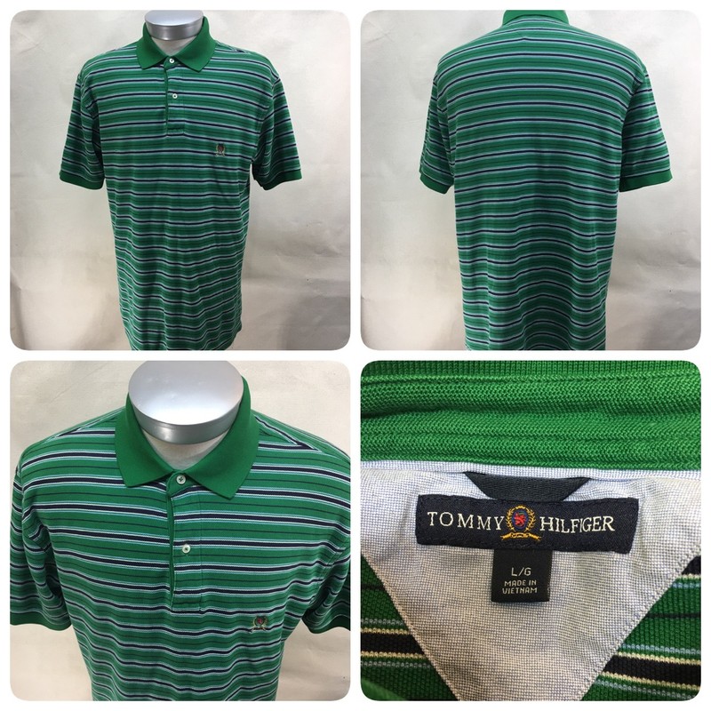 Tommy Hilfiger Men’s SZ-L Green White Blue Color Logo Chest Crest Polo Shirt  F2