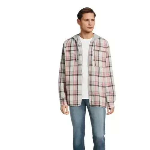 NWT No Boundaries Men’s S 34-36 Zip Hooded Gray Plaid Lightweight Flannel Shirt gallery