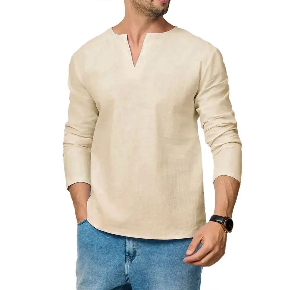 Men's Cotton Linen V Neck Shirt Long Sleeve Casual Lightweight Tee gallery
