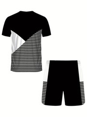 2pcs Plus Size Men’s ‘King’ Letter Print Plaid Short Sleeve T-Shirt And Drawstri