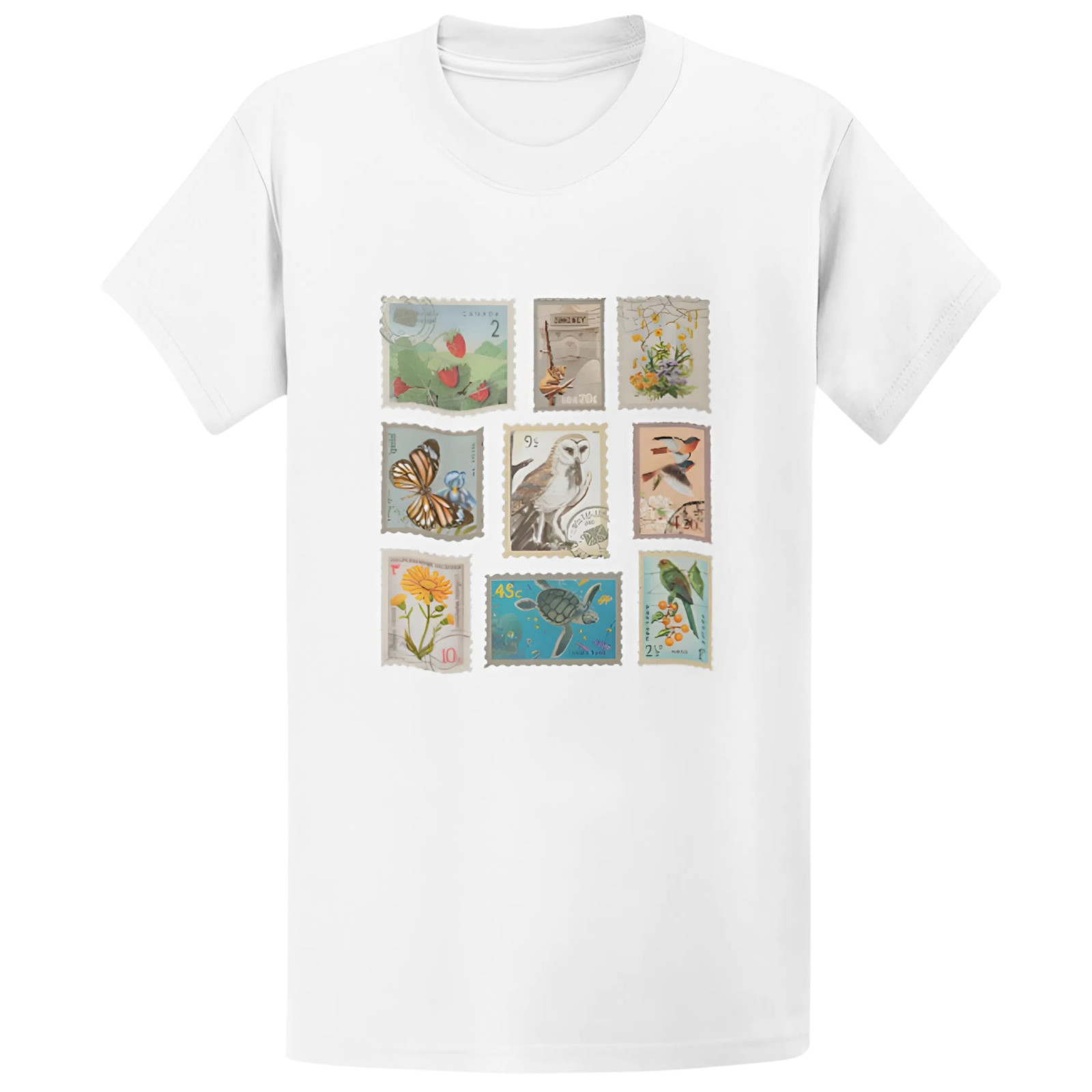 Gildan 5000 Vintage Wildlife Botanical Stamp Collage T-Shirt - Retro Gift Tee gallery
