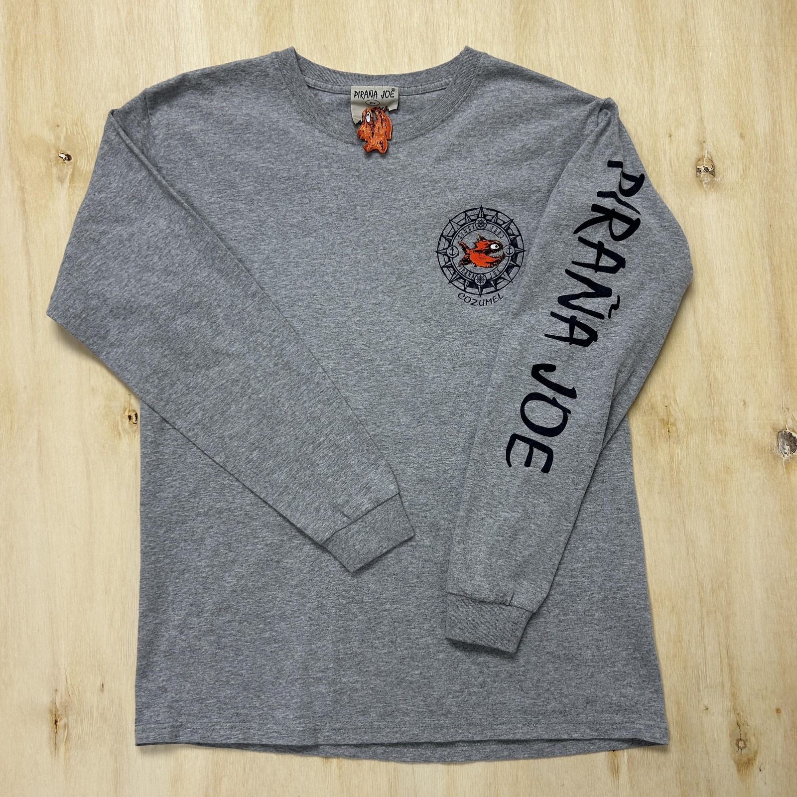 Pirana Joe Shirt Mens Medium Gray Long Sleeve Cozumel Mexico Fish Tee T-Shirt gallery