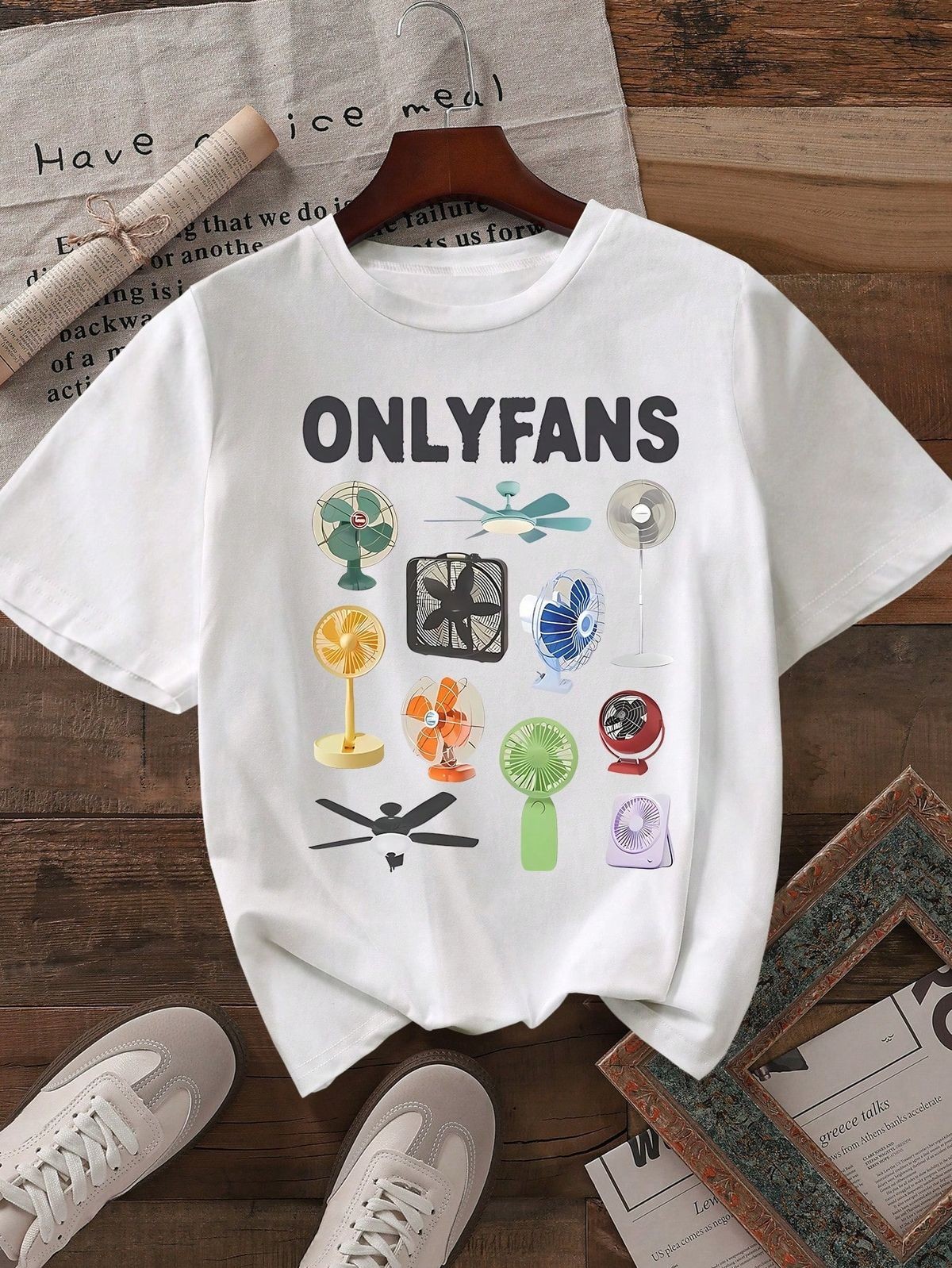 Retro Fan-Shaped Print Round Neck Short Sleeve T-Shirt Casual White Summer