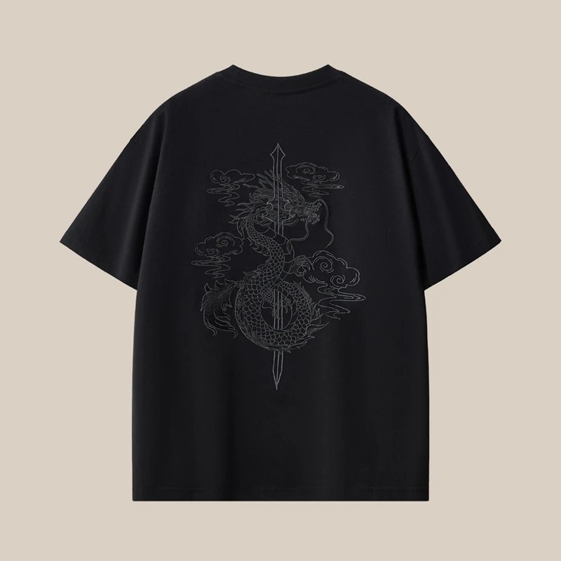 Men's Dragon Sword Embroidered Cotton Short Sleeve T-Shirt Loose Casual Tee gallery